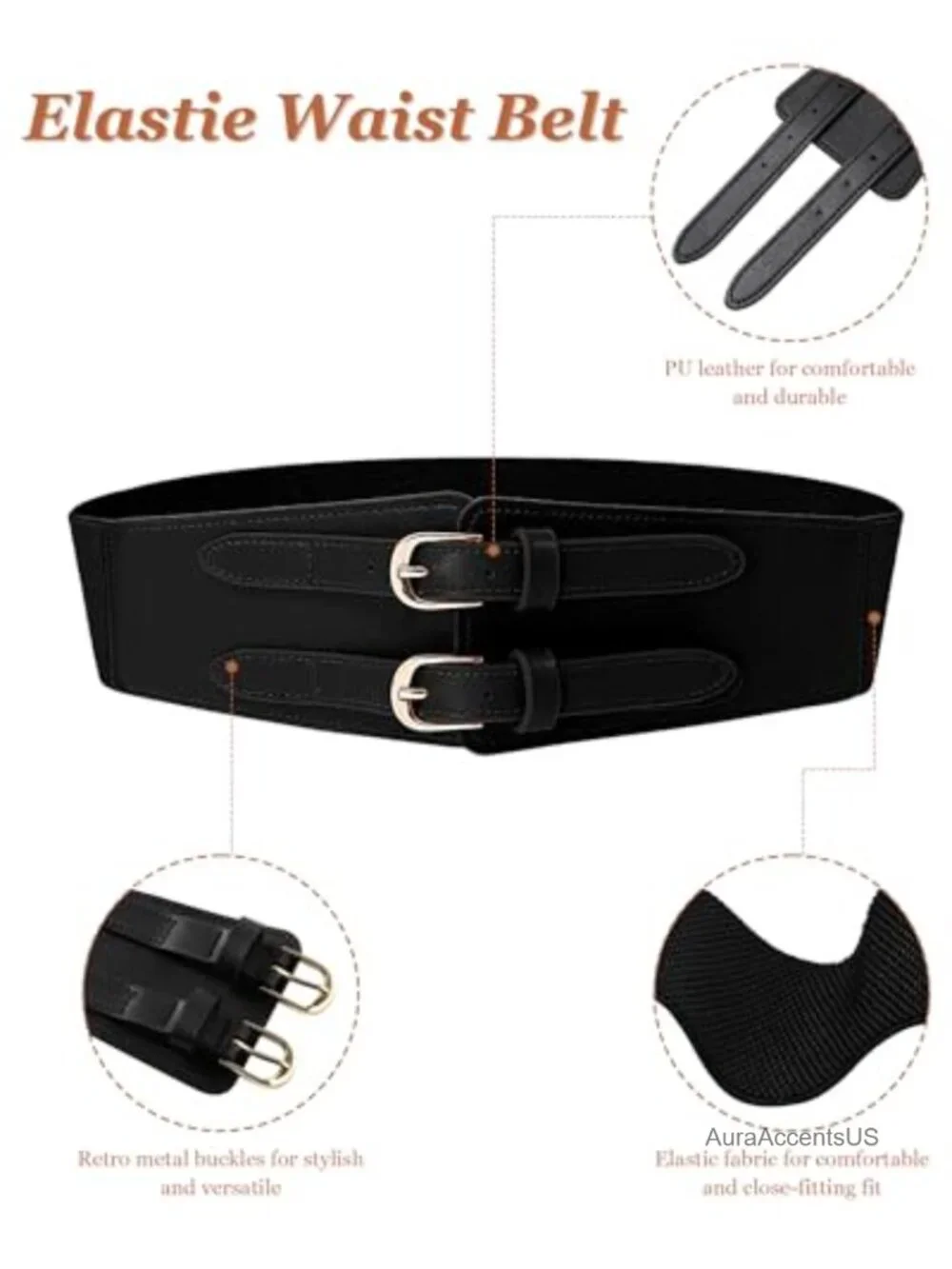 Vintage Double-Buckle Wide Elastic Waist Belt 2.4inch Stretchy Fashion Cinch